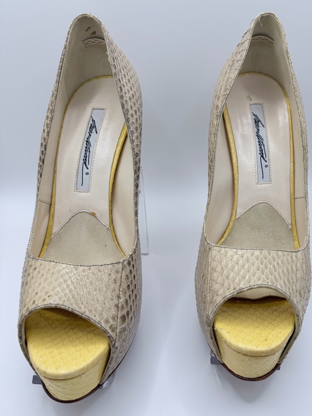 Brian Atwood Three-Toned Snakeskin Peep-Toe Platform Pumps - 38.5 (US 7.5–8)